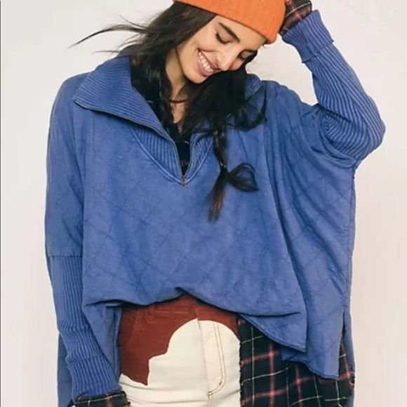 Free People Tops - Free People Shiloh Quilted Sweatshirt Pullover Zip Swing Hi Lo Blue